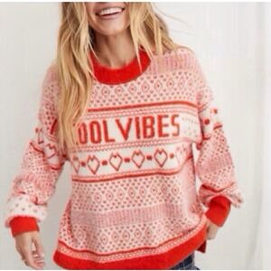 Aerie Cool Vibes Fair‎ Isle Fuzzy Knit Sweater Orange White Hearts Large Cozy
